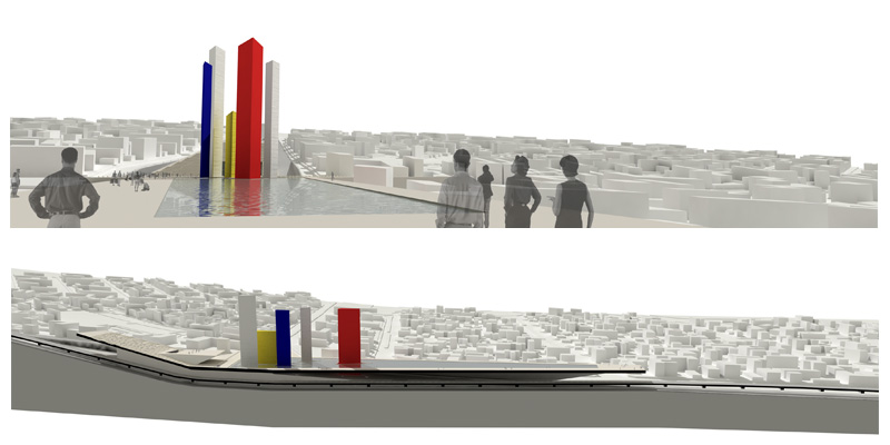 PERSPECTIVA PEATONAL Y SECCION LONGITUDINAL